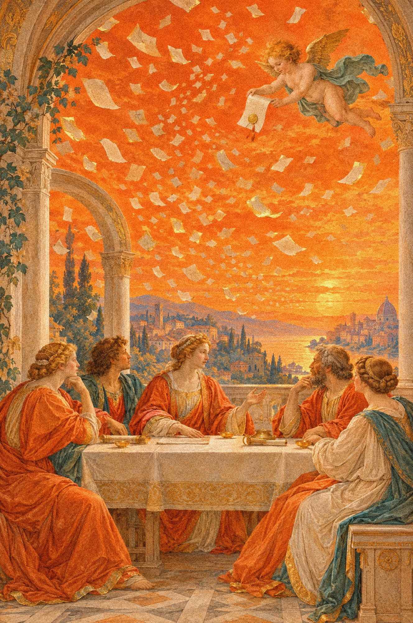 Renaissance fresco of a meeting in a loggia; pages fly away into the sky and a putto catches one sealed page